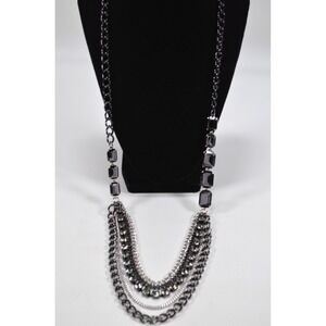 Dark Silver‎ Tone Multi Strand Layer Necklace w/ Clear Rhinestone Accent 35.5"